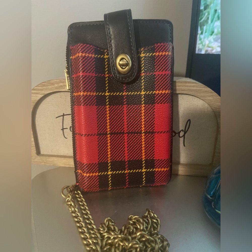 Coach Red and Black Plaid Phone Wallet - Picture 3 of 6